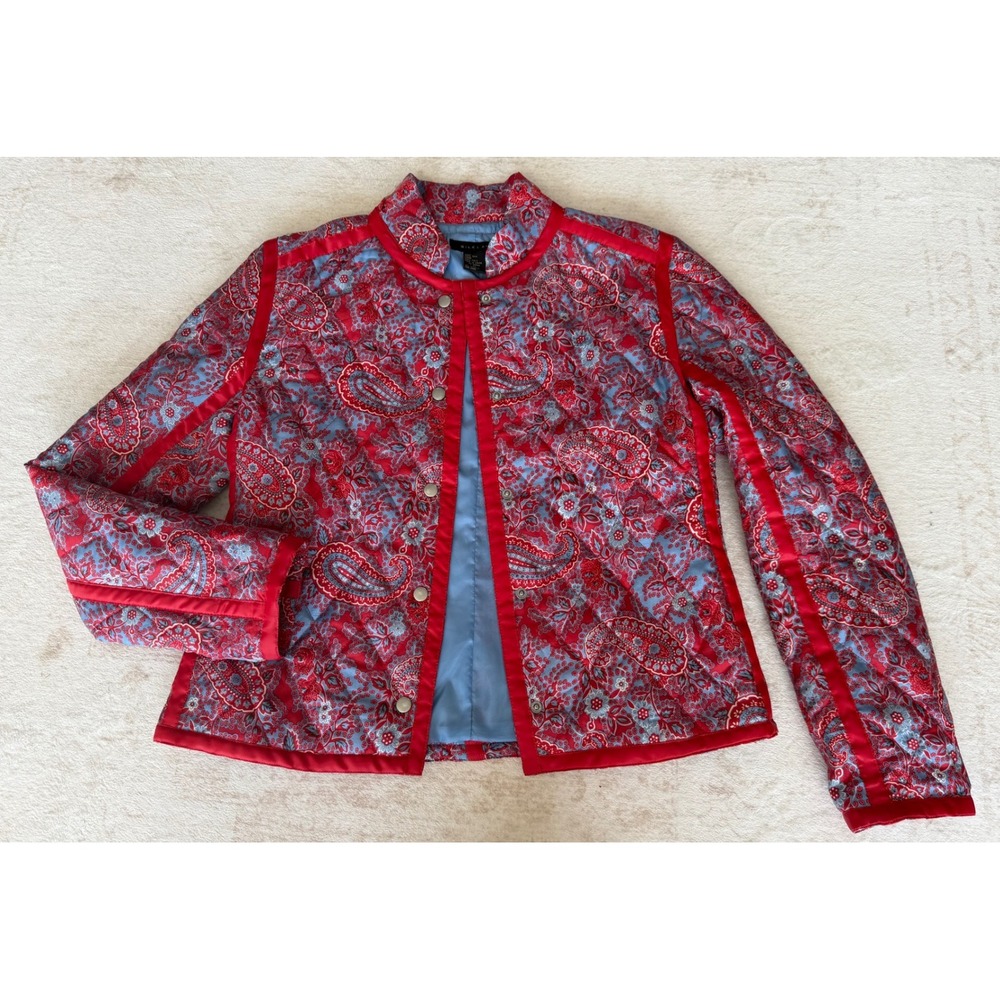 Silkland Womens Red Blue Paisley Quilted 100% Silk Mandarin Collar Jacket Medium